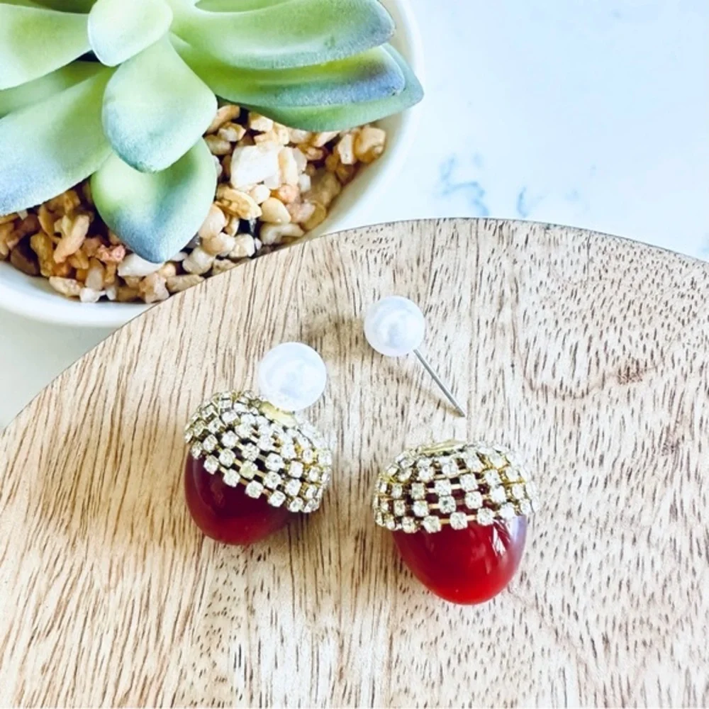 2/$30🌵 Resin Acorn Rhinestone Faux Pearl Double Sided Earrings NEW Fall Autumn